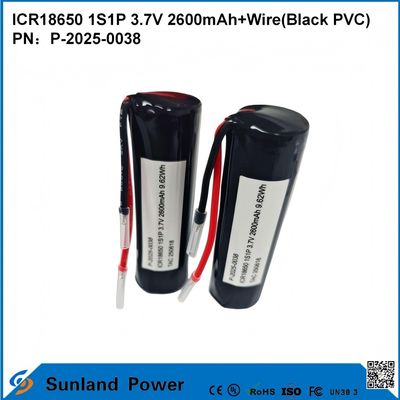 রিচার্জযোগ্য ICR18650 1S1P 3.7V 2600MAH + ক্যাবল (কালো পিভিসি) ব্যাটারি
